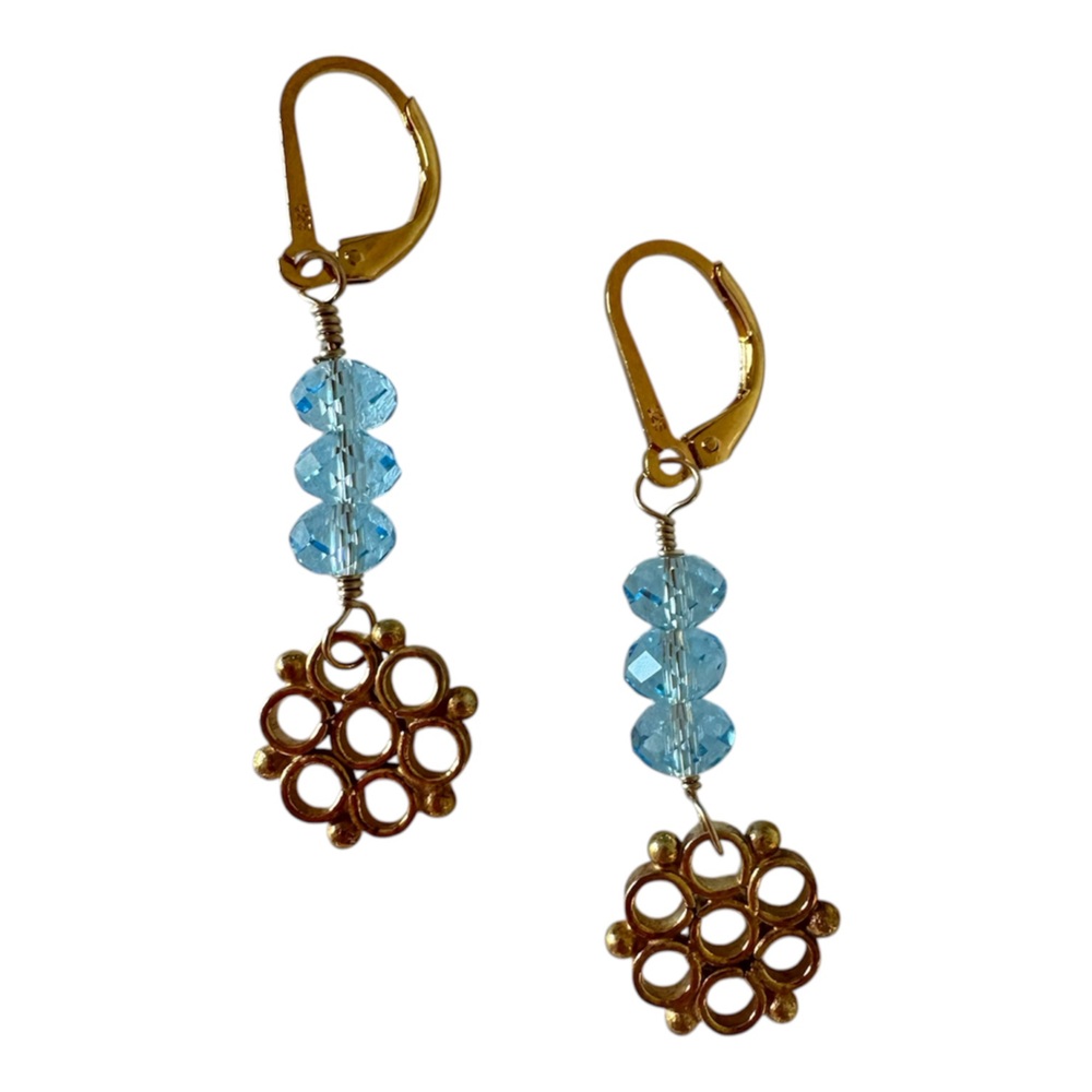 Hand Crafted 14k Gold Swarovski Blue Crystal Drop Snowflake Earrings NEW